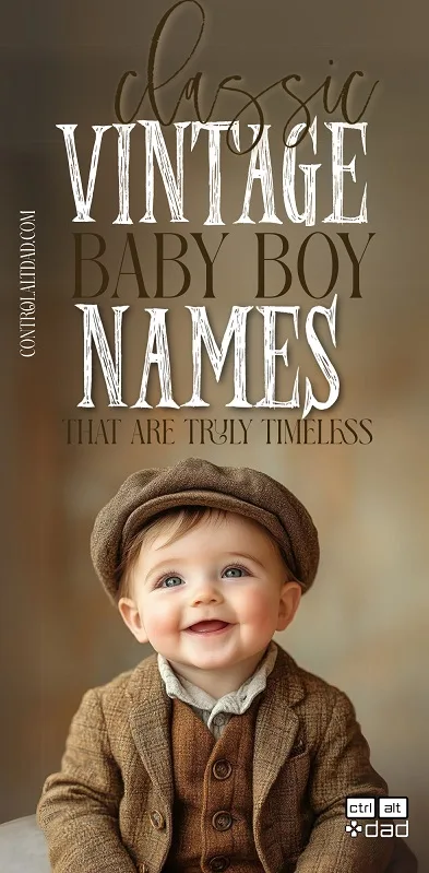 smiling baby boy in vintage outfit with cap, styled pin image for vintage boy names list of timeless classic baby names. unique baby boy names list.