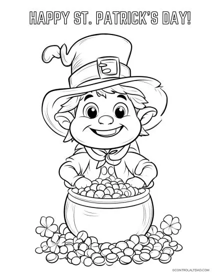 cute leprechaun with pot of gold coloring page for St. Patty's Day