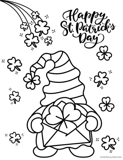 cute gnome and shamrocks coloring page