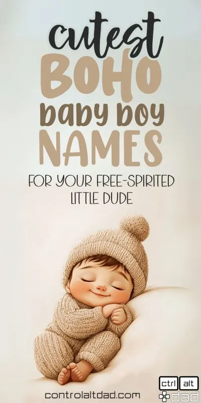 cartoon of sweet sleeping baby in beige outfit with matching hat. title reads cutest boho baby boy names for your free-spirited little dude